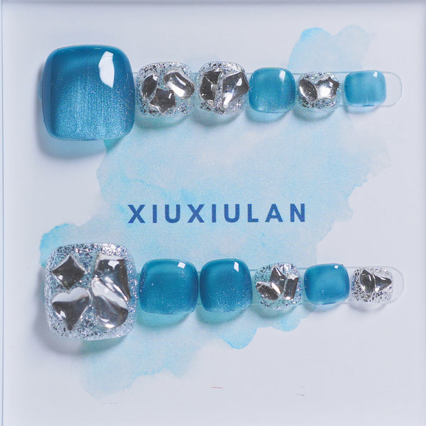 XIU383001 Broken Diamond Starry Sky Blue Cat Eye Toe Nails